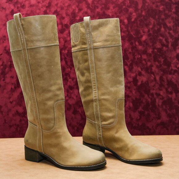 Lucky Brand Women Hybiscus Taupe Leather Riding Wide Calf Tall Boots sz 12 - Picture 1 of 7